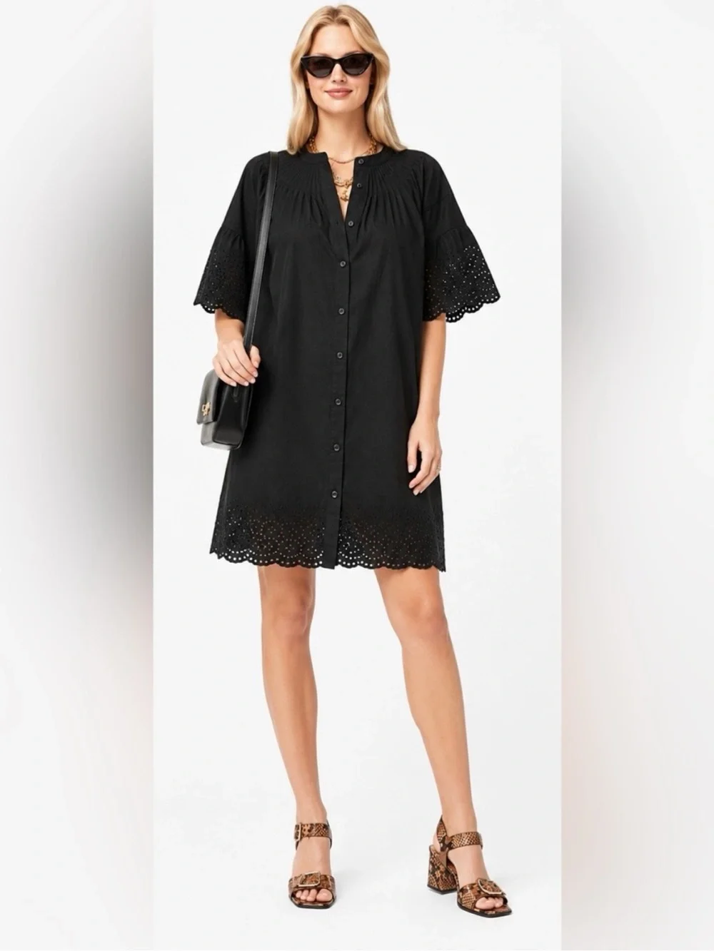 J. Crew Black Eyelet-Trim Button Front Mini Dress